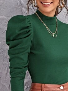SHEIN Privé Mock-neck Gigot Sleeve Top - Dark Green - View 5