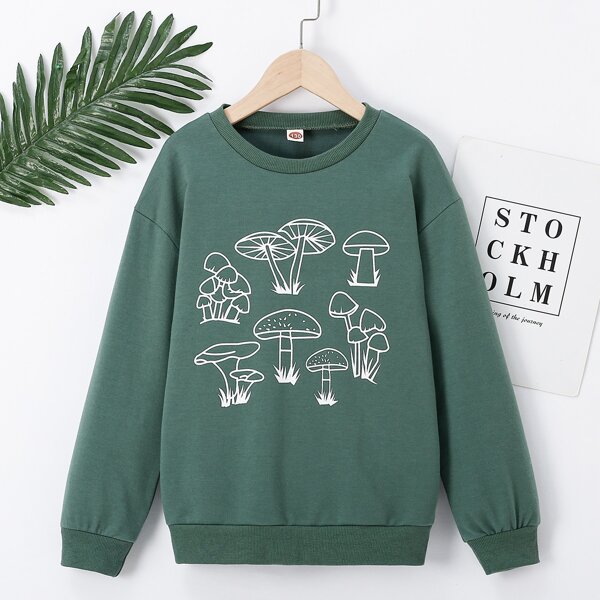 

Girls Mushroom Print Drop Shoulder Sweatshirt, Dark green