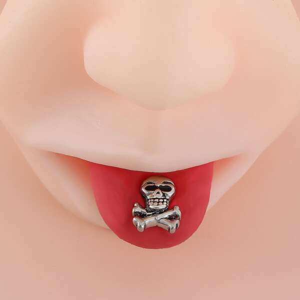 

Skull Design Tongue Barbell Ring, Antique silver