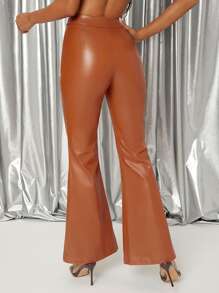 SHEIN Leather Look Flare Leg Trousers - Burnt Orange - View 3
