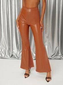 SHEIN Leather Look Flare Leg Trousers - Burnt Orange - View 2