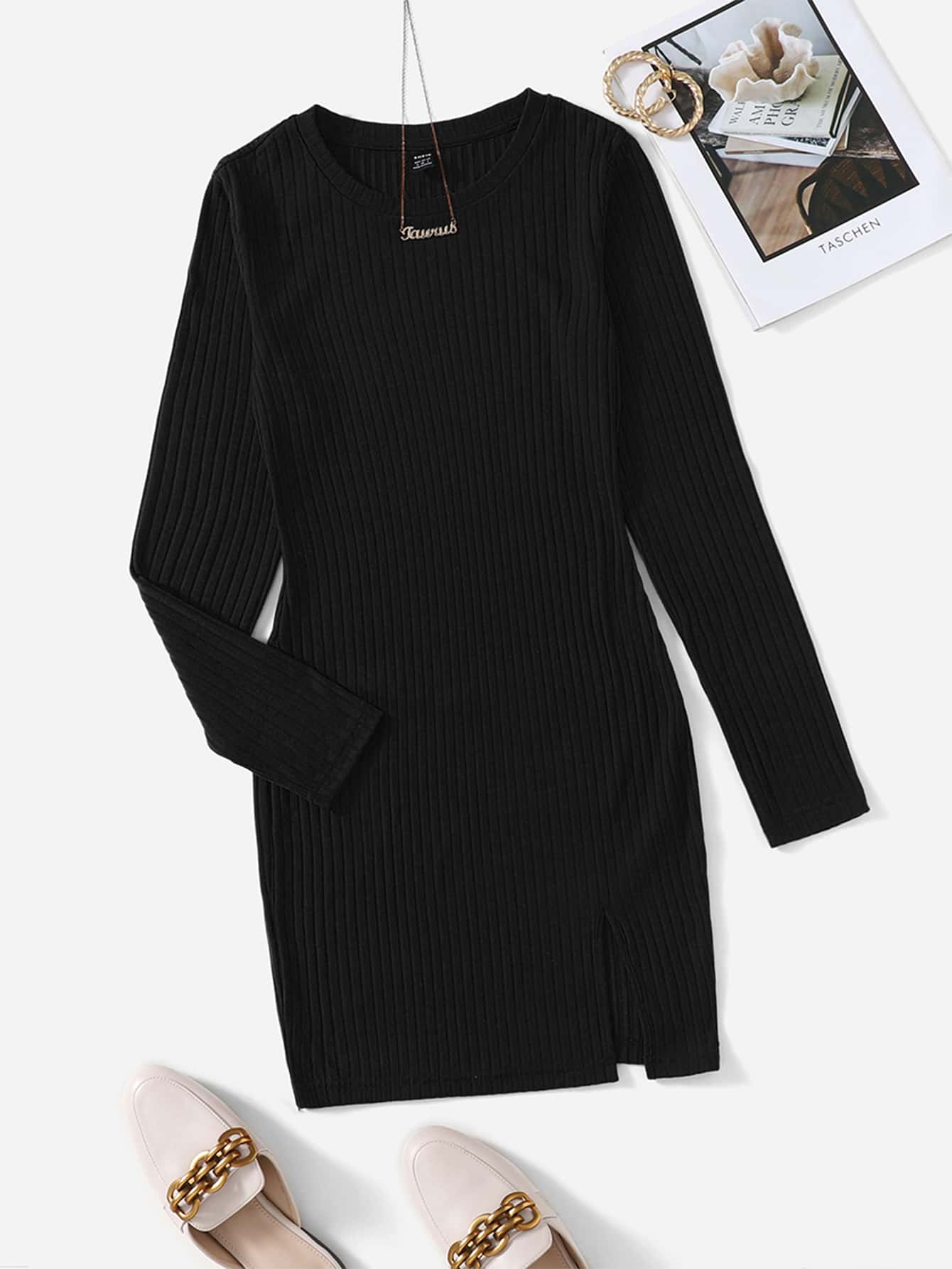 SHEIN Essnce Vestido tejido de canalé bajo con abertura - Negro - Ver 1