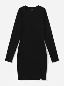 SHEIN Essnce Vestido tejido de canalé bajo con abertura - Negro - Ver 3