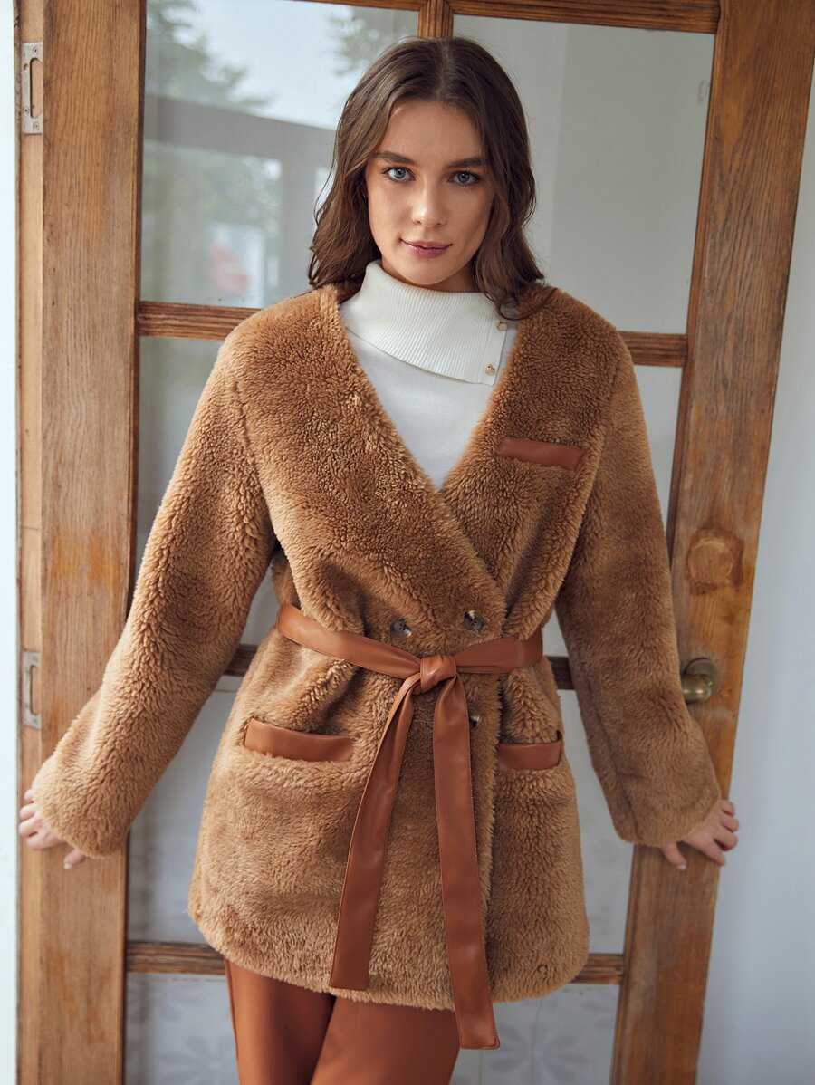 MOTF PREMIUM 羊羔毛寬鬆版型腰帶外套 - 棕色 - 查看 1