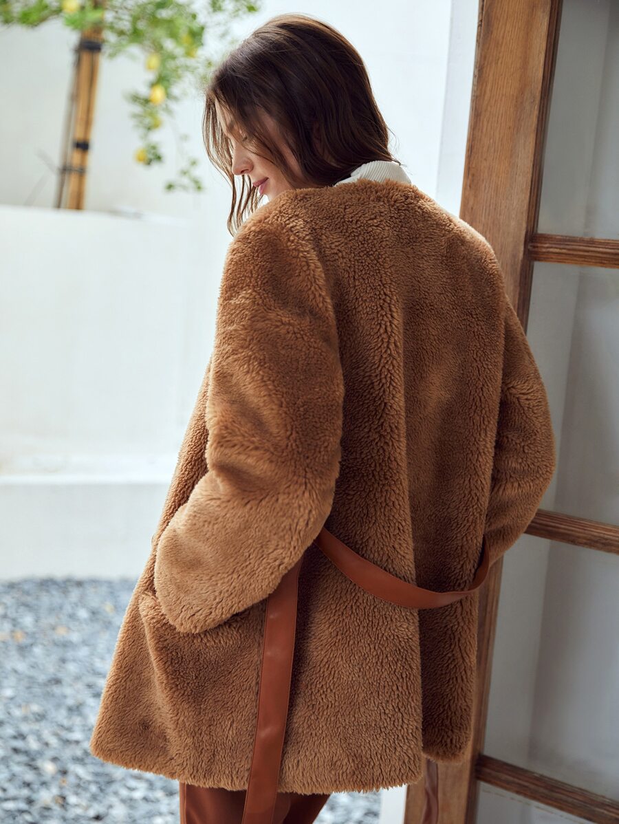MOTF PREMIUM 羊羔毛寬鬆版型腰帶外套 - 棕色 - 查看 2