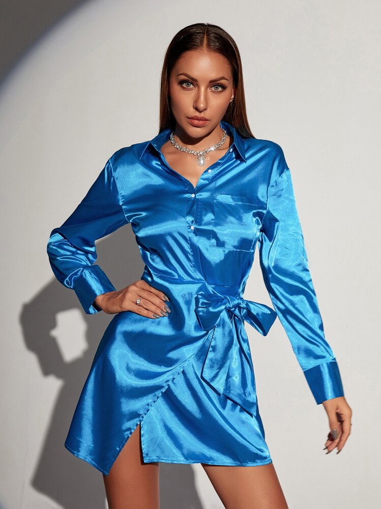 Solid Tie Side Tulip Hem Satin Shirt Dress | SHEIN USA