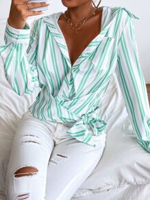 Striped Pocket Front Tie Side Shirt - Multicolor - View 1