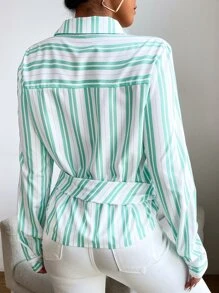 Striped Pocket Front Tie Side Shirt - Multicolor - View 2