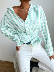 Striped Pocket Front Tie Side Shirt - Multicolor - View 4