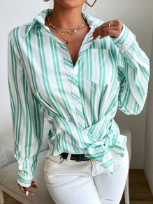 Striped Pocket Front Tie Side Shirt - Multicolor - View 6