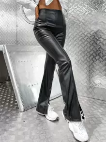 GENKIRA PU High Waist Slit Hem Flare Leg Trousers - Black - View 4