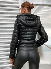 SHEIN Essnce Casual Solid Color Padded Hooded Jacket For Winter - Black - View 2