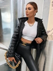 SHEIN Essnce Casual Solid Color Padded Hooded Jacket For Winter - Black - View 4