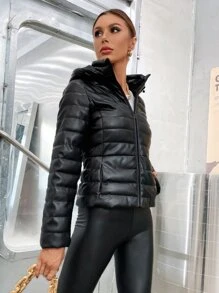 SHEIN Essnce Casual Solid Color Padded Hooded Jacket For Winter - Black - View 5