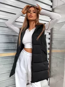 SHEIN EZwear 休闲纯色连帽无袖加厚棉服外套，冬装 - 黑色 - 查看 1