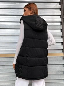 SHEIN EZwear 休闲纯色连帽无袖加厚棉服外套，冬装 - 黑色 - 查看 2