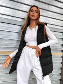 SHEIN EZwear 休闲纯色连帽无袖加厚棉服外套，冬装 - 黑色 - 查看 4