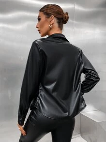 SHEIN Privé Ruched Front PU Shirt - Black - View 2