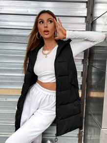 SHEIN EZwear 休闲纯色连帽无袖加厚棉服外套，冬装 - 黑色 - 查看 5