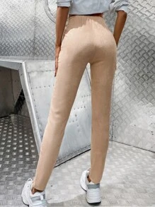 High Waist Solid Suedette Leggings - Camel - View 2