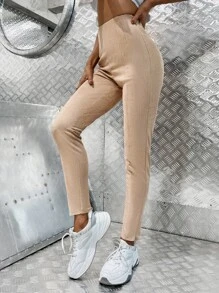 High Waist Solid Suedette Leggings - Camel - View 4