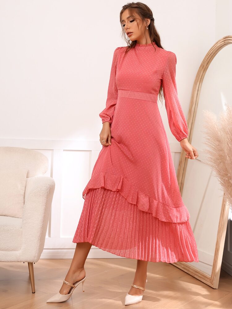 Swiss Dot Frill Trim Ruffle Hem Dress - Watermelon Pink - View 6
