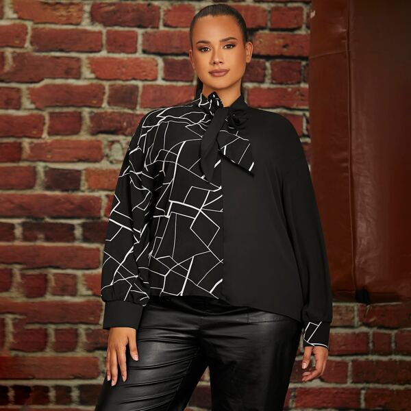 

Plus Tie Shoulder Geo Pattern Blouse, Black