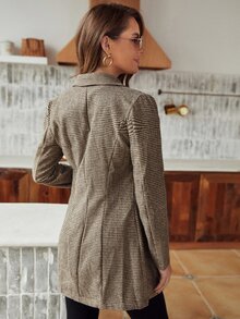 SHEIN Frenchy 女士格紋尖領雙排扣西裝外套 - 卡其色 - 查看 2