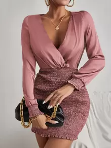 SHEIN SXY 交疊領打攬木耳邊緊身洋裝 - 藕粉色 - 查看 1