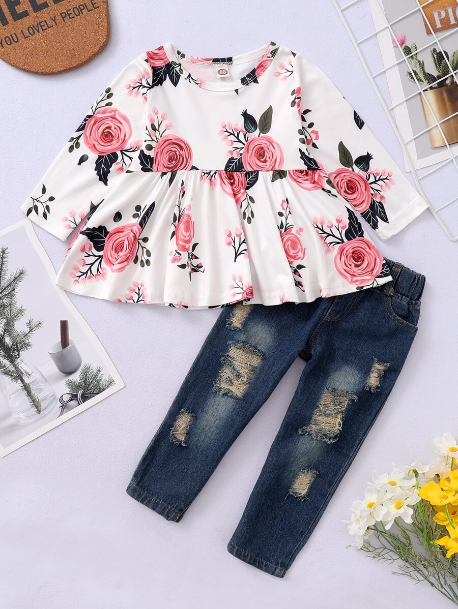 SHEIN 年輕女孩花卉印花荷葉邊上衣與破洞牛仔褲 - 彩色 - 查看 1