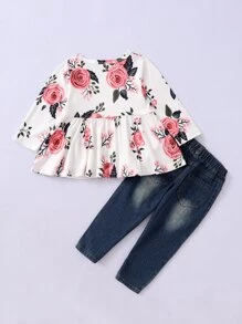 SHEIN 年輕女孩花卉印花荷葉邊上衣與破洞牛仔褲 - 彩色 - 查看 2