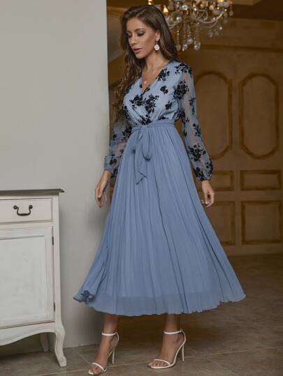 Modelyn Floral Print Overlap Collar Lantern Sleeve Pleated Hem Belted Dress