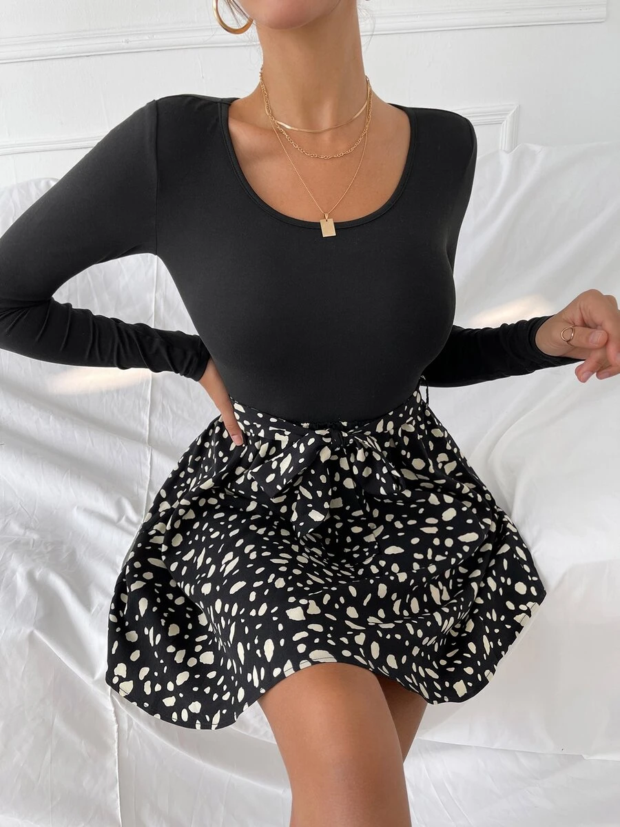 斑點印花腰帶A字洋裝 - 彩色 - 查看 1