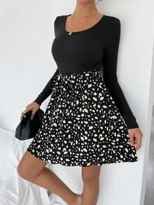 斑點印花腰帶A字洋裝 - 彩色 - 查看 3