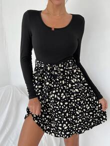 斑點印花腰帶A字洋裝 - 彩色 - 查看 4