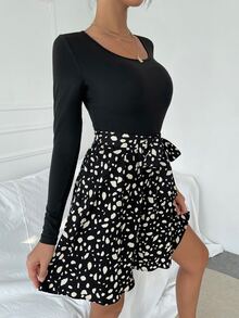 斑點印花腰帶A字洋裝 - 彩色 - 查看 5