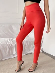SHEIN SXY Neon Red Wideband Waist Knot Back Leggings - Red - View 3