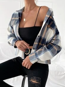 SHEIN Essnce 格紋圖案落肩袖花呢外套