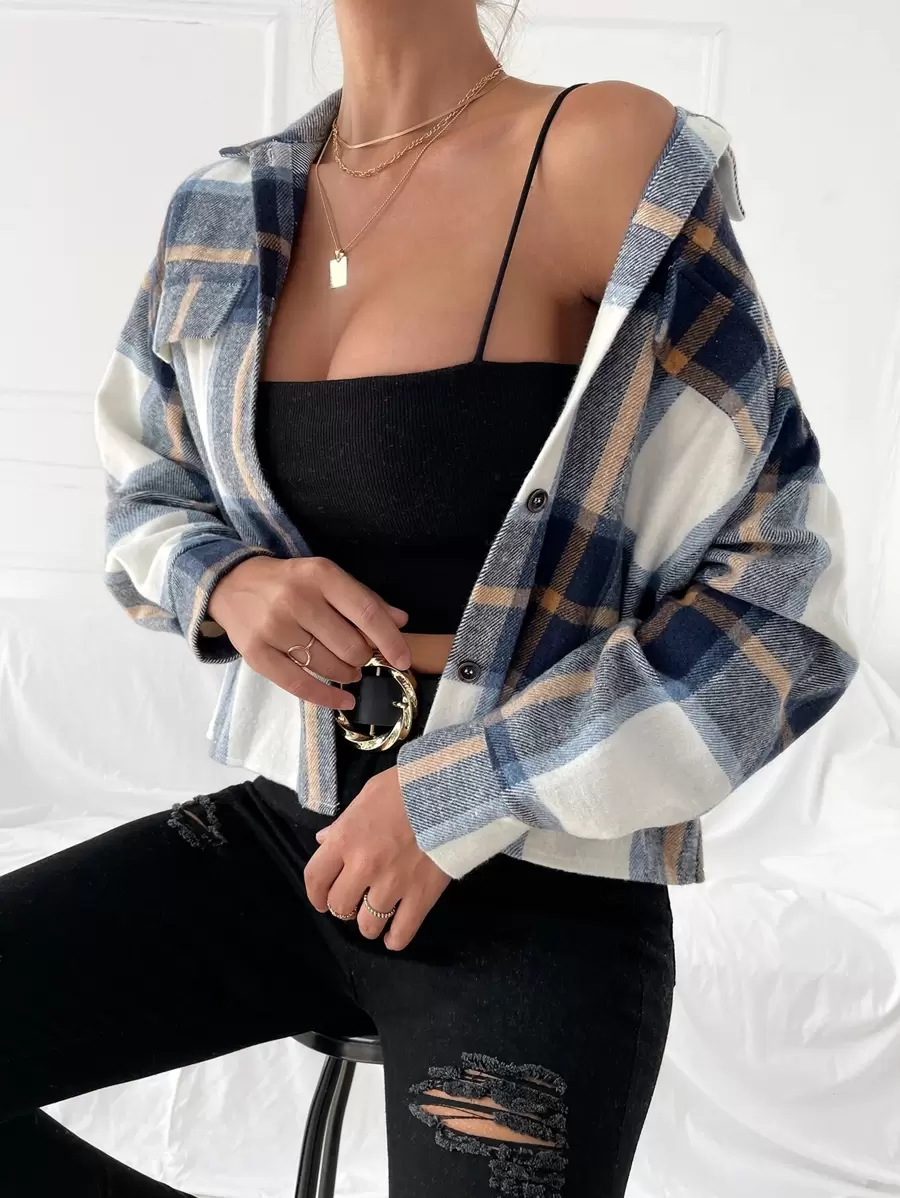 SHEIN Essnce 格紋圖案落肩袖花呢外套
