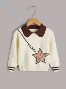 小女童條紋圖案和星星圖案套頭毛衣 - 米色 - 查看 1