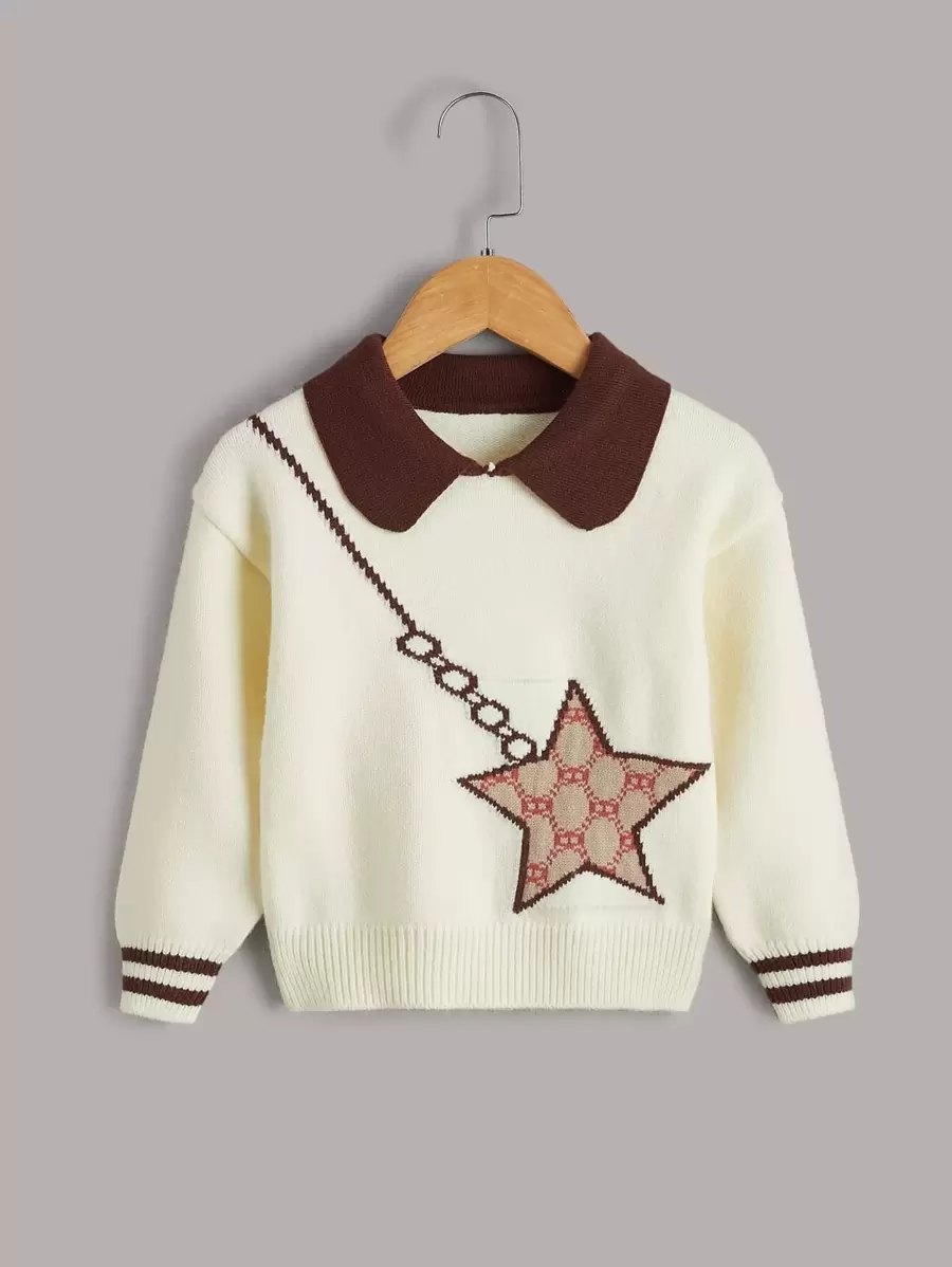 小女童條紋圖案和星星圖案套頭毛衣 - 米色 - 查看 1