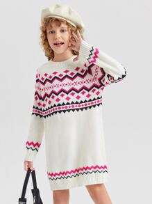SHEIN Niñas Vestido de punto de cheurón & con patrón geométrico de manga raglán
