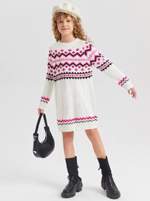 SHEIN Niñas Vestido de punto de cheurón & con patrón geométrico de manga raglán
