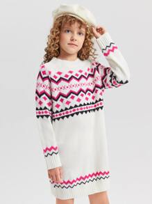 SHEIN Niñas Vestido de punto de cheurón & con patrón geométrico de manga raglán