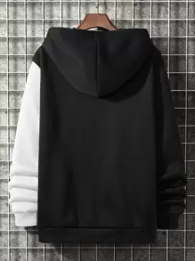 Manfinity Homme Men Floral & Japanese Letter Graphic Two Tone Drawstring Thermal Hoodie - Black and White - View 2