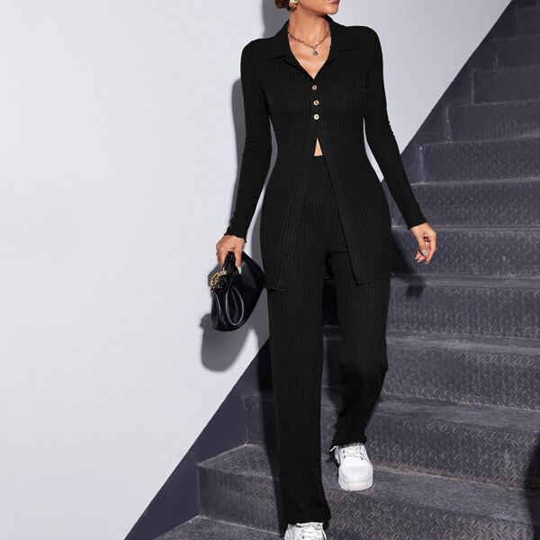 

Ribbed Knit Button Front Coat & Pants, Black
