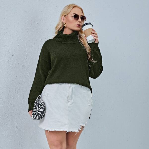 

Plus Funnel Neck Split Hem Sweater, Army green