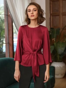 MOTF PREMIUM SILK BELL SLEEVE BELTED TOP - Burgundy - View 1