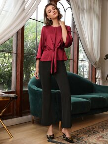 MOTF PREMIUM SILK BELL SLEEVE BELTED TOP - Burgundy - View 3