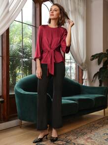 MOTF PREMIUM SILK BELL SLEEVE BELTED TOP - Burgundy - View 4